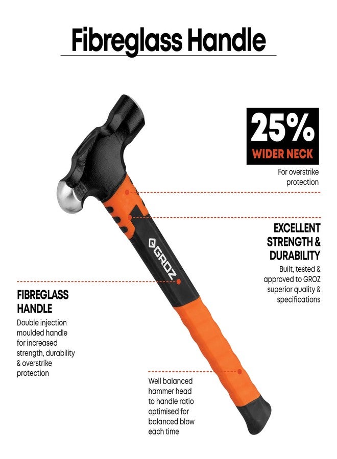 Groz Ball Pein Hammer, 226 gms 12" Fibreglass Handle with Overstrike Protection | 25% Wider Neck | Ball Pein Hammer for Bending, Shaping, Nailing | BPFG/8/12 (226 gms | 12" Handle) - Image 2